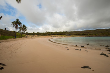 Panorama of Anakena beach with clouds, Easter Island, Chile - April, 2018