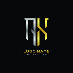 Abstract letter AX shield logo design template. Premium nominal monogram business sign.shield shape Letter Design in silver gold color