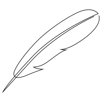Single continuous line drawing of fether or quill pen. Retro handwriting concept one line draw design illustration