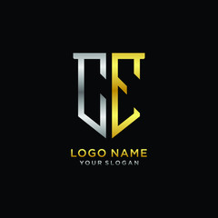 Abstract letter CE shield logo design template. Premium nominal monogram business sign.shield shape Letter Design in silver gold color