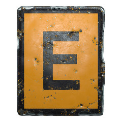 Public road sign orange and black color with a capital letter E in the center isolated on white background. 3d