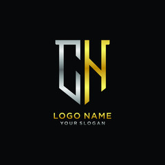 Abstract letter CH shield logo design template. Premium nominal monogram business sign.shield shape Letter Design in silver gold color
