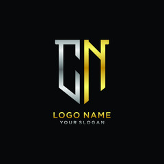 Abstract letter CN shield logo design template. Premium nominal monogram business sign.shield shape Letter Design in silver gold color