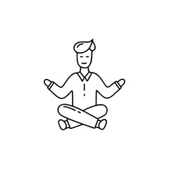 Smiling man in lotus position. Calmness, concentration, meditation concept. Contour vector illustration. Hand drawn design for yoga. Line art cartoon character isolated on white background