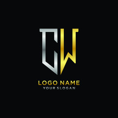 Abstract letter CW shield logo design template. Premium nominal monogram business sign.shield shape Letter Design in silver gold color