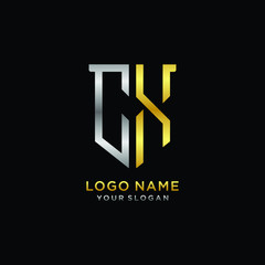 Abstract letter CX shield logo design template. Premium nominal monogram business sign.shield shape Letter Design in silver gold color