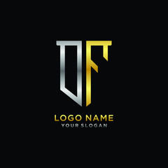 Abstract letter DF shield logo design template. Premium nominal monogram business sign.shield shape Letter Design in silver gold color