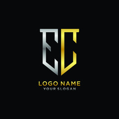 Abstract letter EC shield logo design template. Premium nominal monogram business sign.shield shape Letter Design in silver gold color
