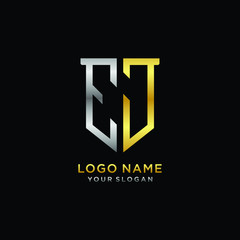 Obraz premium Abstract letter EJ shield logo design template. Premium nominal monogram business sign.shield shape Letter Design in silver gold color