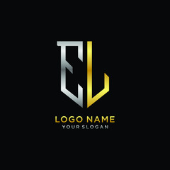 Obraz premium Abstract letter EL shield logo design template. Premium nominal monogram business sign.shield shape Letter Design in silver gold color