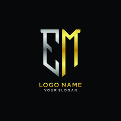 Abstract letter EM shield logo design template. Premium nominal monogram business sign.shield shape Letter Design in silver gold color
