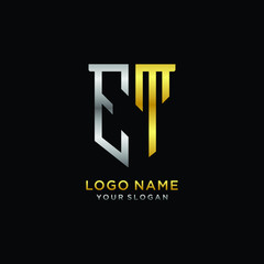 Abstract letter ET shield logo design template. Premium nominal monogram business sign.shield shape Letter Design in silver gold color