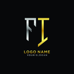 Obraz premium Abstract letter FI shield logo design template. Premium nominal monogram business sign.shield shape Letter Design in silver gold color