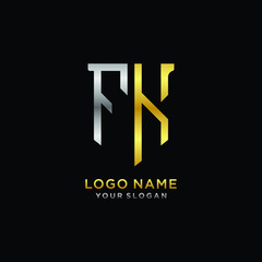 Abstract letter FK shield logo design template. Premium nominal monogram business sign.shield shape Letter Design in silver gold color