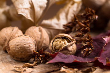 Fototapeta na wymiar Still life with nuts on natural wood.