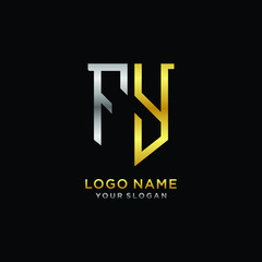 Abstract letter FY shield logo design template. Premium nominal monogram business sign.shield shape Letter Design in silver gold color