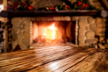 Desk of free space and home interior with fireplace 