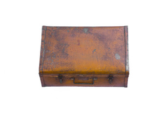 vintage brown wooden suitcase isolated on white background