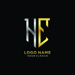 Abstract letter HE shield logo design template. Premium nominal monogram business sign.shield shape Letter Design in silver gold color