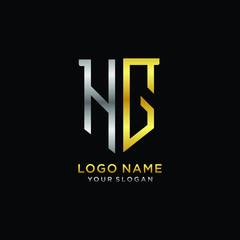 Abstract letter HG shield logo design template. Premium nominal monogram business sign.shield shape Letter Design in silver gold color