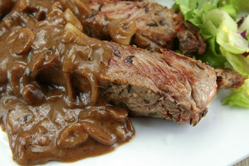 beef steak with shallot sauce and mashed potatoes and carrot