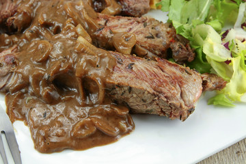 beef steak with shallot sauce and mashed potatoes and carrot