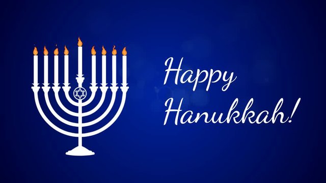 Hanukkah greeting card traditional Chanukah symbols on blue background 4k video.