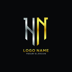 Abstract letter HN shield logo design template. Premium nominal monogram business sign.shield shape Letter Design in silver gold color
