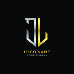 Abstract letter JL shield logo design template. Premium nominal monogram business sign.shield shape Letter Design in silver gold color