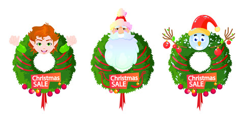 Set of Christmas wreath with Santa Claus, Elf and Snowman, vector cartoon illustrations