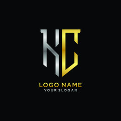 Abstract letter KC shield logo design template. Premium nominal monogram business sign.shield shape Letter Design in silver gold color