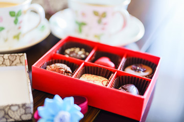 Landscape of Valentine day and chocolate in the box and blue ribbon in Japan