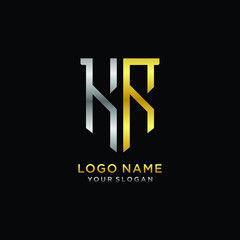 Abstract letter KR shield logo design template. Premium nominal monogram business sign.shield shape Letter Design in silver gold color