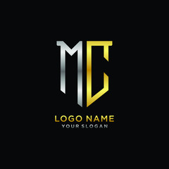 Abstract letter MC shield logo design template. Premium nominal monogram business sign.shield shape Letter Design in silver gold color