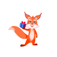 Funny and cute character of cartoon flat fox with christmas gift, present, vector illustration isolated on white background
