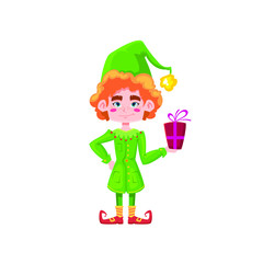 Vector cartoon flat character of Christmas Elf with present, gift, vector illustration of character isolated on white background