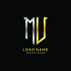 Abstract letter MU shield logo design template. Premium nominal monogram business sign.shield shape Letter Design in silver gold color