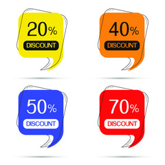 Sale discount icons. Special offer price signs. 20, 40, 50 and 70 percent off reduction symbols. Speech bubbles or chat symbols. Colored elements. Vector illustration on white background.