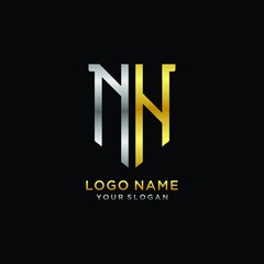 Abstract letter NH shield logo design template. Premium nominal monogram business sign.shield shape Letter Design in silver gold color