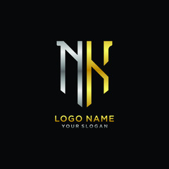 Obraz premium Abstract letter NK shield logo design template. Premium nominal monogram business sign.shield shape Letter Design in silver gold color