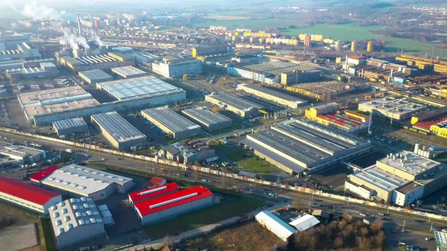 Aerial view to industrial zone and technology park on Karlov suburb of Pilsen city in Czech Republic, Europe. European industry from above. 