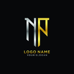 Abstract letter NP shield logo design template. Premium nominal monogram business sign.shield shape Letter Design in silver gold color
