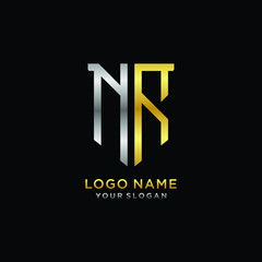 Abstract letter NR shield logo design template. Premium nominal monogram business sign.shield shape Letter Design in silver gold color
