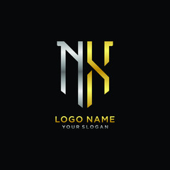 Obraz premium Abstract letter NX shield logo design template. Premium nominal monogram business sign.shield shape Letter Design in silver gold color
