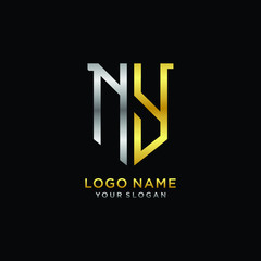 Abstract letter NY shield logo design template. Premium nominal monogram business sign.shield shape Letter Design in silver gold color