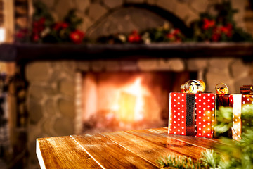 Desk of free space and home interior with fireplace 