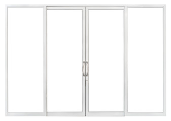 PVC sliding glass door isolated on white background, real interior clear window pane frame element for front store office design