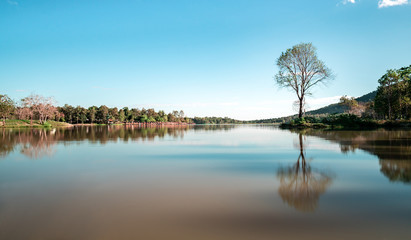 Peaceful tree reflection on lake of Huay Tung Tao lake at Chiang Mai, tourist camping vacation resort near beautiful calm water nature background in sunny day