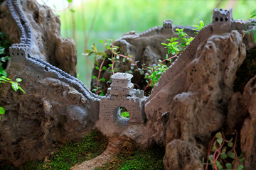 miniature landscape of the Great Wall gate in the bonsai