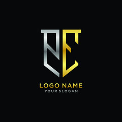 Obraz premium Abstract letter PE shield logo design template. Premium nominal monogram business sign.shield shape Letter Design in silver gold color